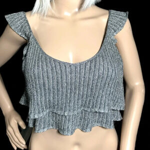 Armani Exchange Y2K Cropped Metallic Silver Knit Ruffle Cropped Tank Top XS